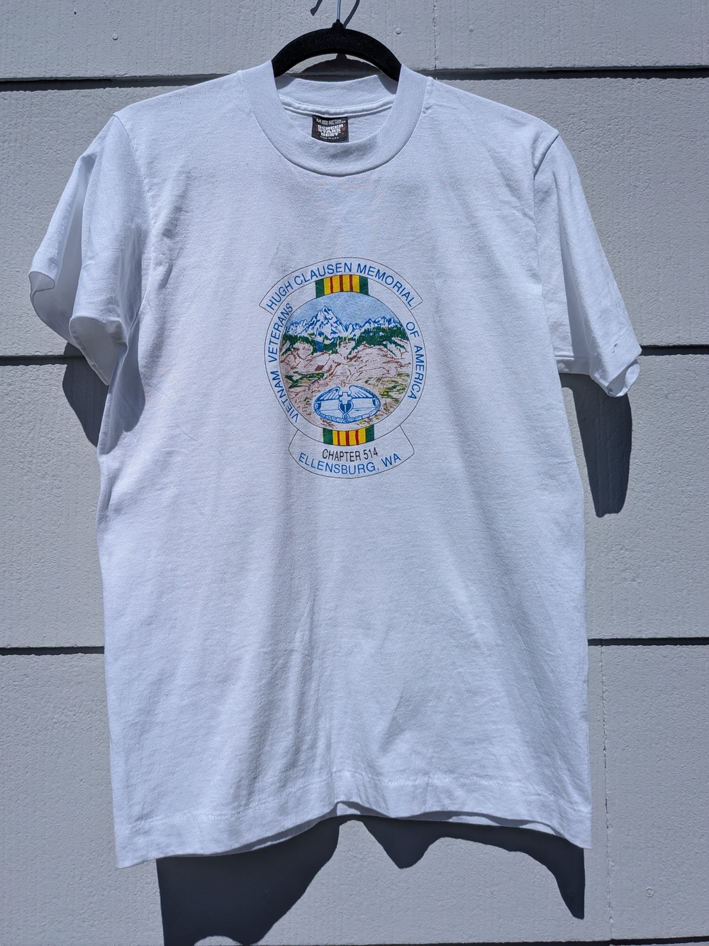 Vintage Single Stich White Short Sleeve Tee with Veterans Memorial Graphic